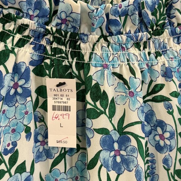 NWT Talbots L Floral Blouse Blue Green Long Sleeve Ruffle Collar Classic Preppy - Picture 6 of 8